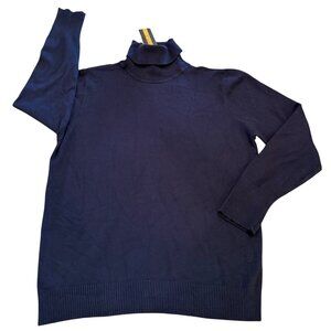 Womens Navy Blue Turtleneck Sweater With Buttoned Cuffs Medium Weight Knit Size